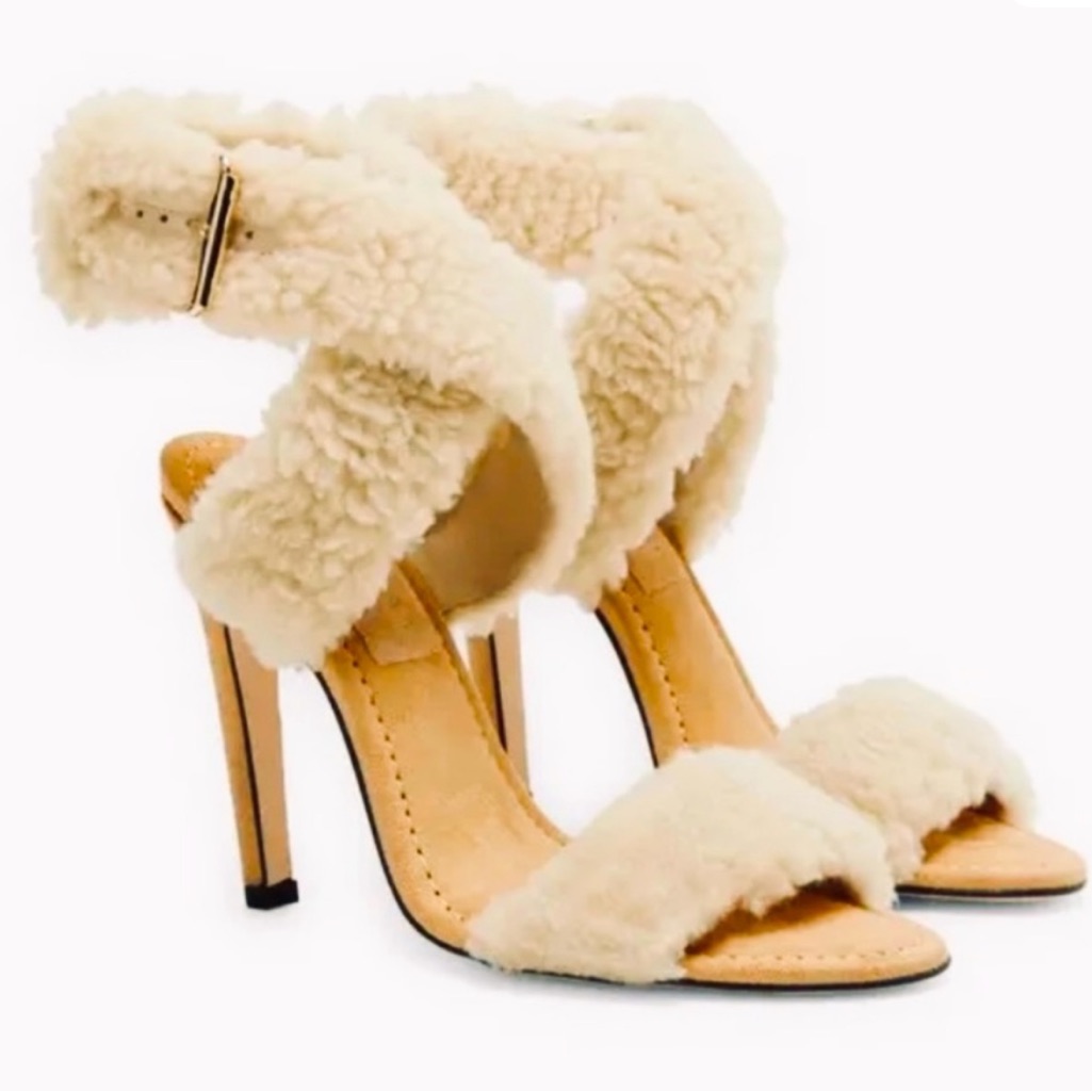 Good American Beige Sherpa Heeled Sandals